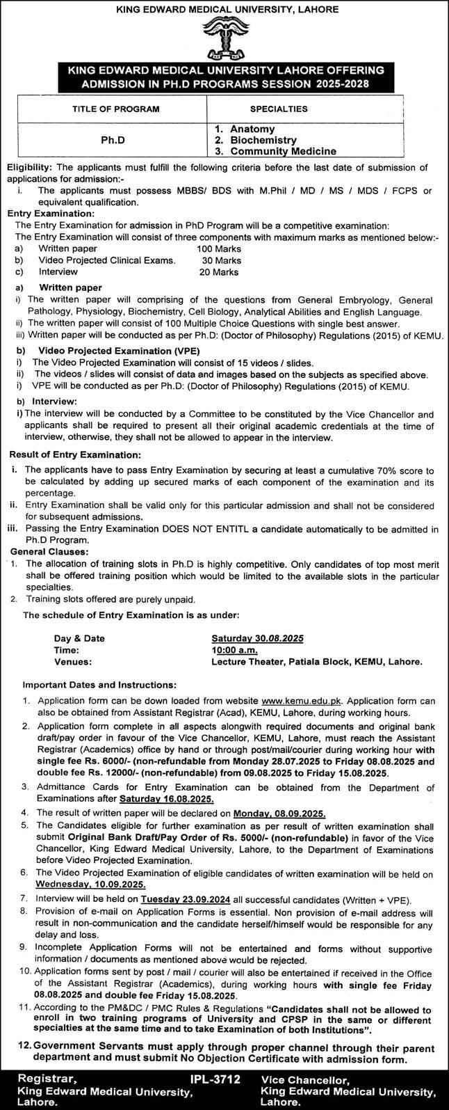 Admission Open in King Edward Medical University Lahore